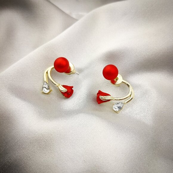 Tulip Crystal Stud Earrings Red - Picture 3 of 4